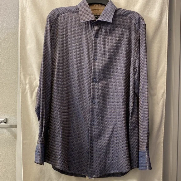 Men's Jhane Barnes Blue Starburst Patterned Silk+Cotton Button-Down Shirt - Picture 1 of 16